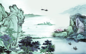 国画山水中式电视机背景墙