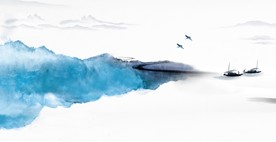 大型蓝色简约山水飞鸟背景壁纸