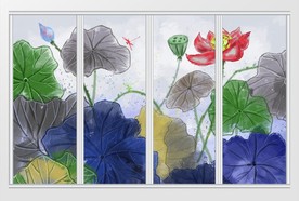 新中式手绘抽象水墨荷花移门