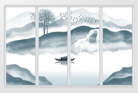 中式水墨山水画移门