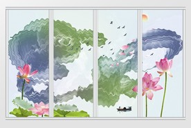 中国风彩墨荷花移门