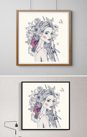 矢量卡通蝴蝶女孩清新装饰画壁画