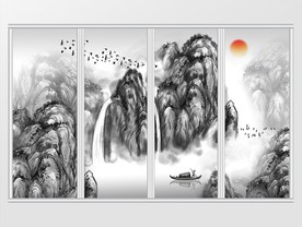 中式水墨山水画移门