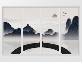 创意中国风水墨禅意山水移门