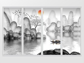 新中式手绘禅意山水移门