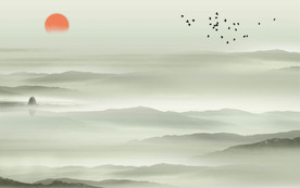 大型抽象水墨山水宝塔背景装饰画