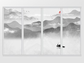 中式手绘水墨意境山水移门