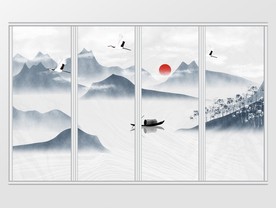 手绘意境禅意山水风景画移门