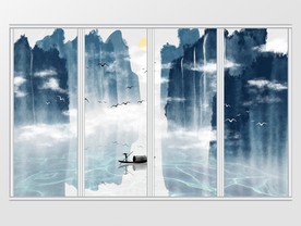 中国风手绘意境山水移门