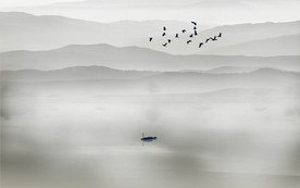 水墨山水远山飞鸟背景装饰画