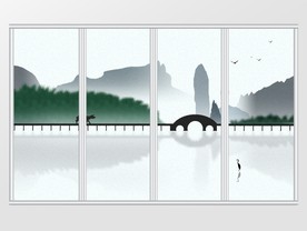 新中式简约插画意境山水移门