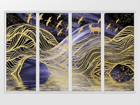 中式金色线条抽象山水移门