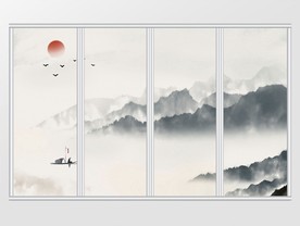中式手绘抽象山水画移门