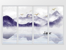 中式水墨彩色山水移门