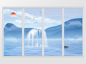 新中式瀑布山水风景移门