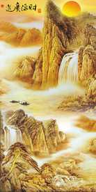 财源广进金色山水风景玄关装饰画
