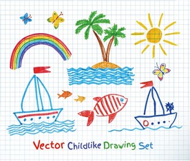 手绘夏季轮船度假矢量素材