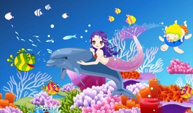 手绘美人鱼装饰背景墙壁画矢量图