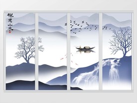 新中式手绘禅意山水画移门