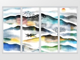 新中式手绘抽象山水移门
