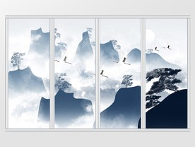 中国风手绘水墨山水高山移门