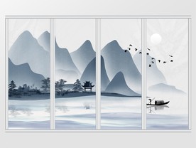 中式简约手绘意境山水水墨移门