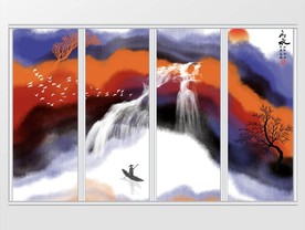 中式手绘写意抽象山水移门