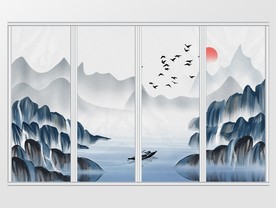 中式意境手绘山水画移门