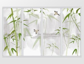 新中式竹子小鸟水墨山移门