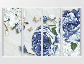 中式蓝色牡丹大气移门