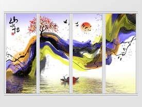 新中式彩色水墨山水移门