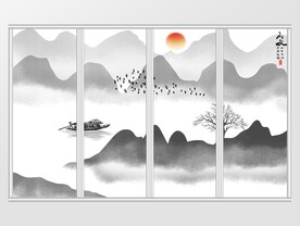 新中式山水画客厅水墨移门
