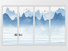 意境蓝色淡雅清新水彩移门