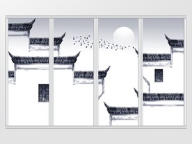 中式徽派建筑马头墙水墨移门