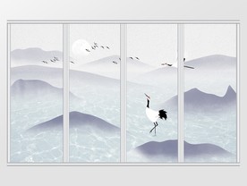 中式意境水墨山水仙鹤移门