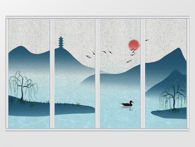 中国风淡蓝色意境山水移门