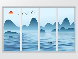 意境蓝色淡雅清新山水移门