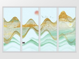 意境山水金色线条飞鸟移门