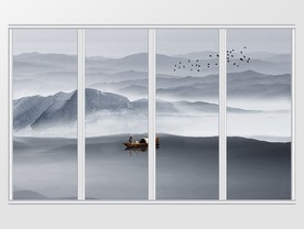 心中蓝色创意抽象山水移门