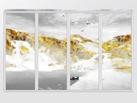 中式金色中国风意境水墨山水移门