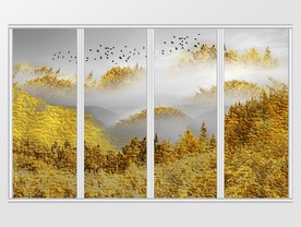 中式山水风景金色移门