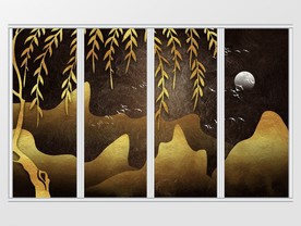 中式黑金质感浮雕柳树山水移门