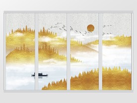 中式金箔质感意境山水移门