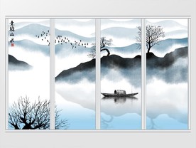 中式手绘意境水墨山水移门