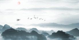 大型新中式蓝色简约山水背景墙