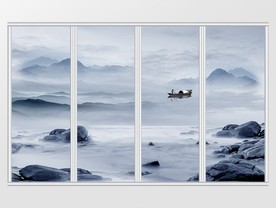 新中式蓝色写意山水移门