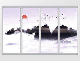 中式手绘意境水墨山水移门