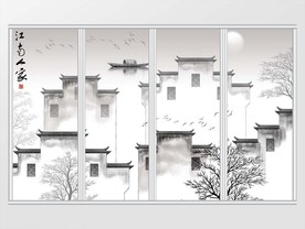 中式水墨江南徽派建筑移门