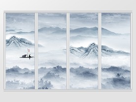 新中式写意蓝色抽象创意移门