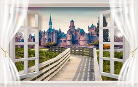 大型木栈道城堡风景3D背景墙